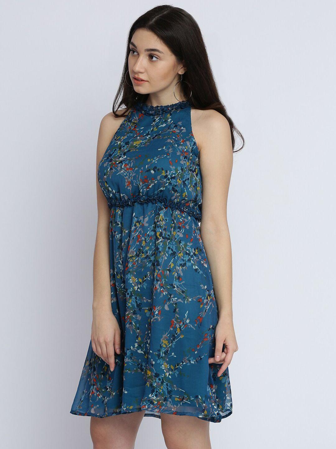 dressberry blue floral printed fit & flare dress