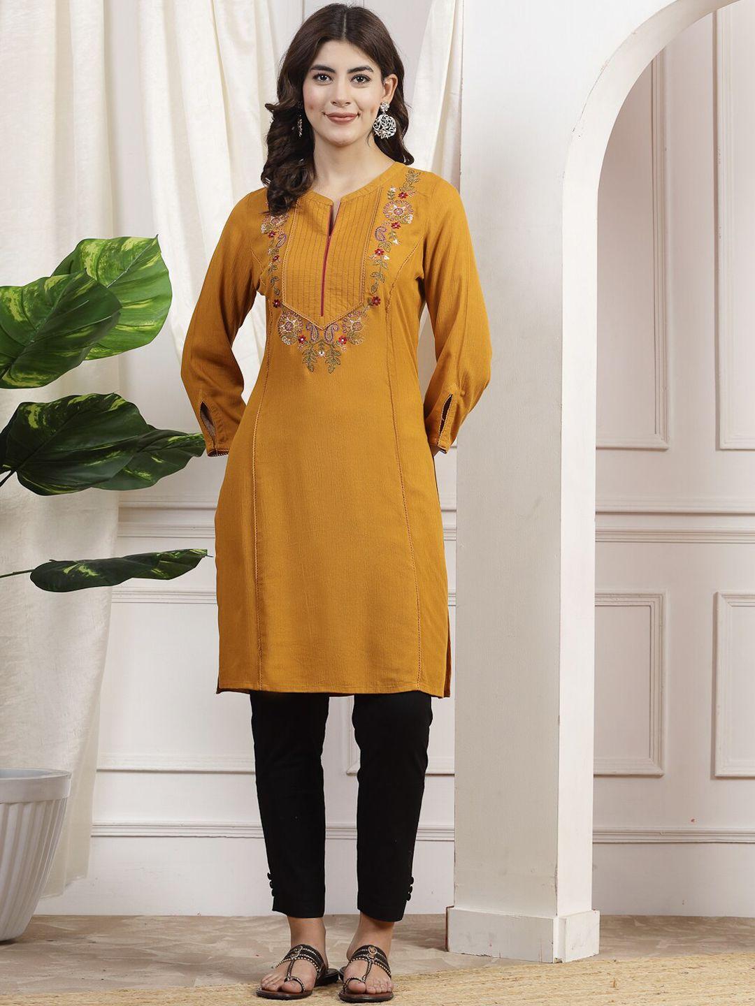 nayam by lakshita floral embroidered mandarin collarthread work straight kurta