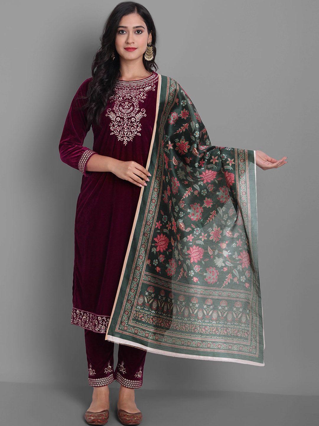 kalini ethnic motifs yoke design thread work velvet straight kurta & trousers with dupatta