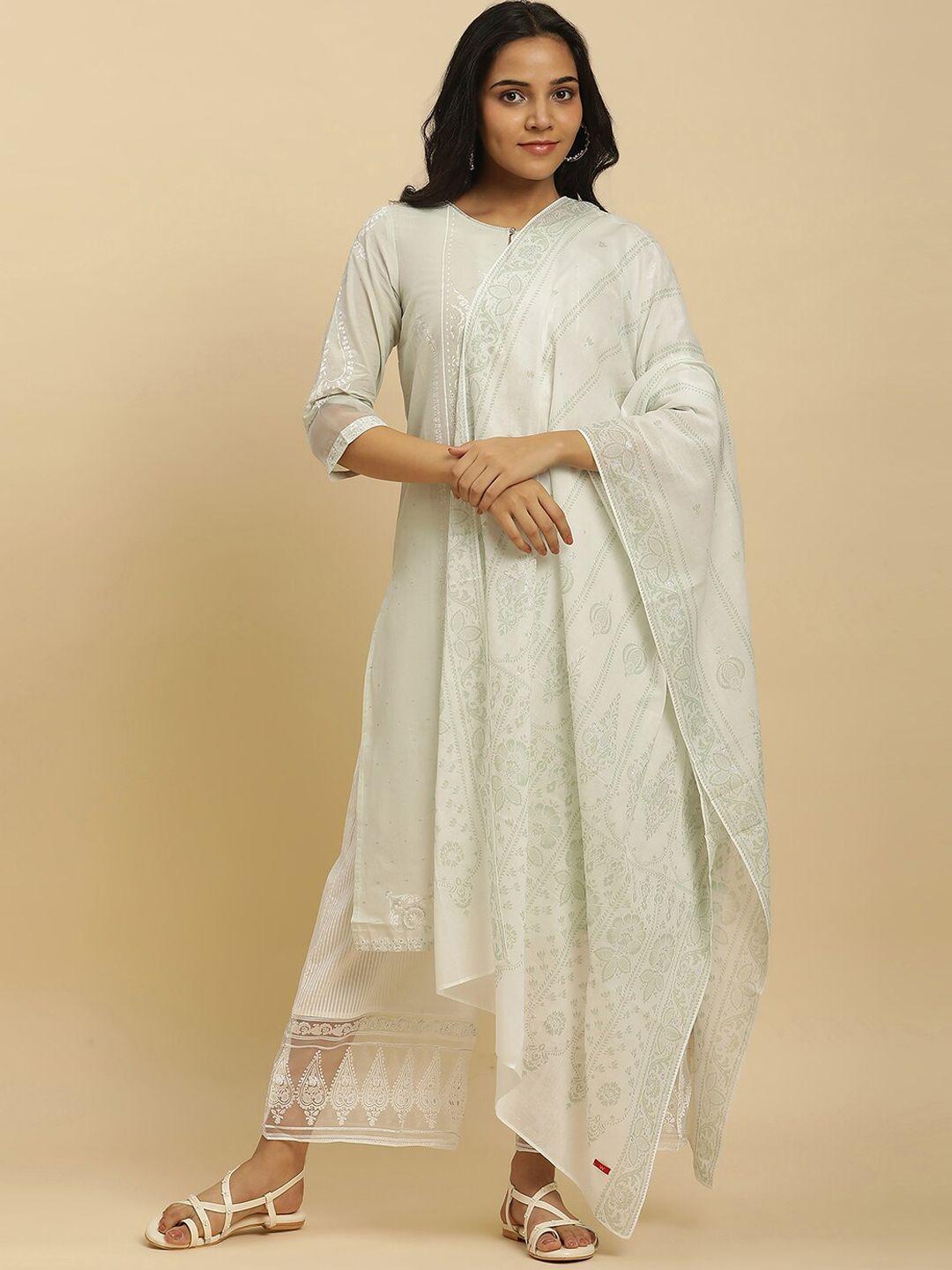 w women ethnic motifs printed sequinned pure cotton straight kurta & trousers with dupatta