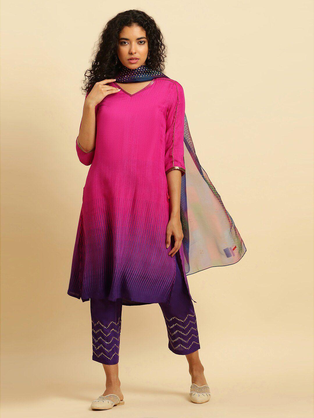 w ombre v-neck regular kurta with trousers & dupatta