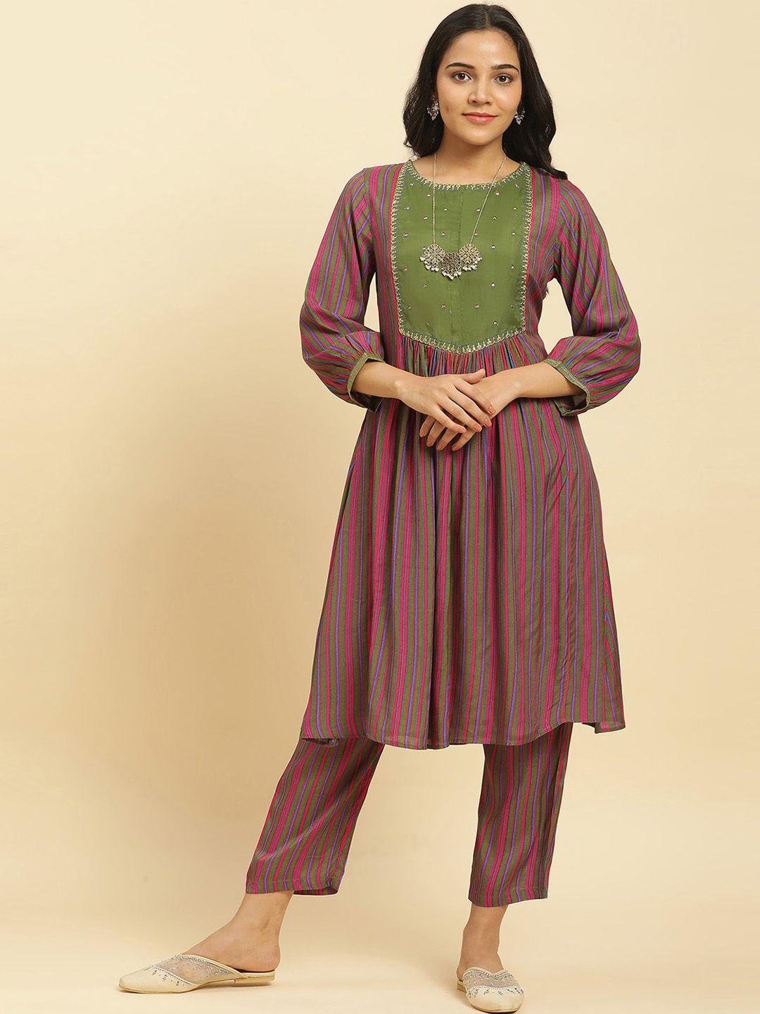 w striped thread work a-line kurta with trousers