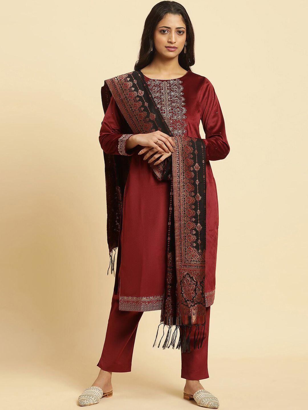 wishful ethnic motifs yoke design sequined zari velvet kurta with trousers & dupatta