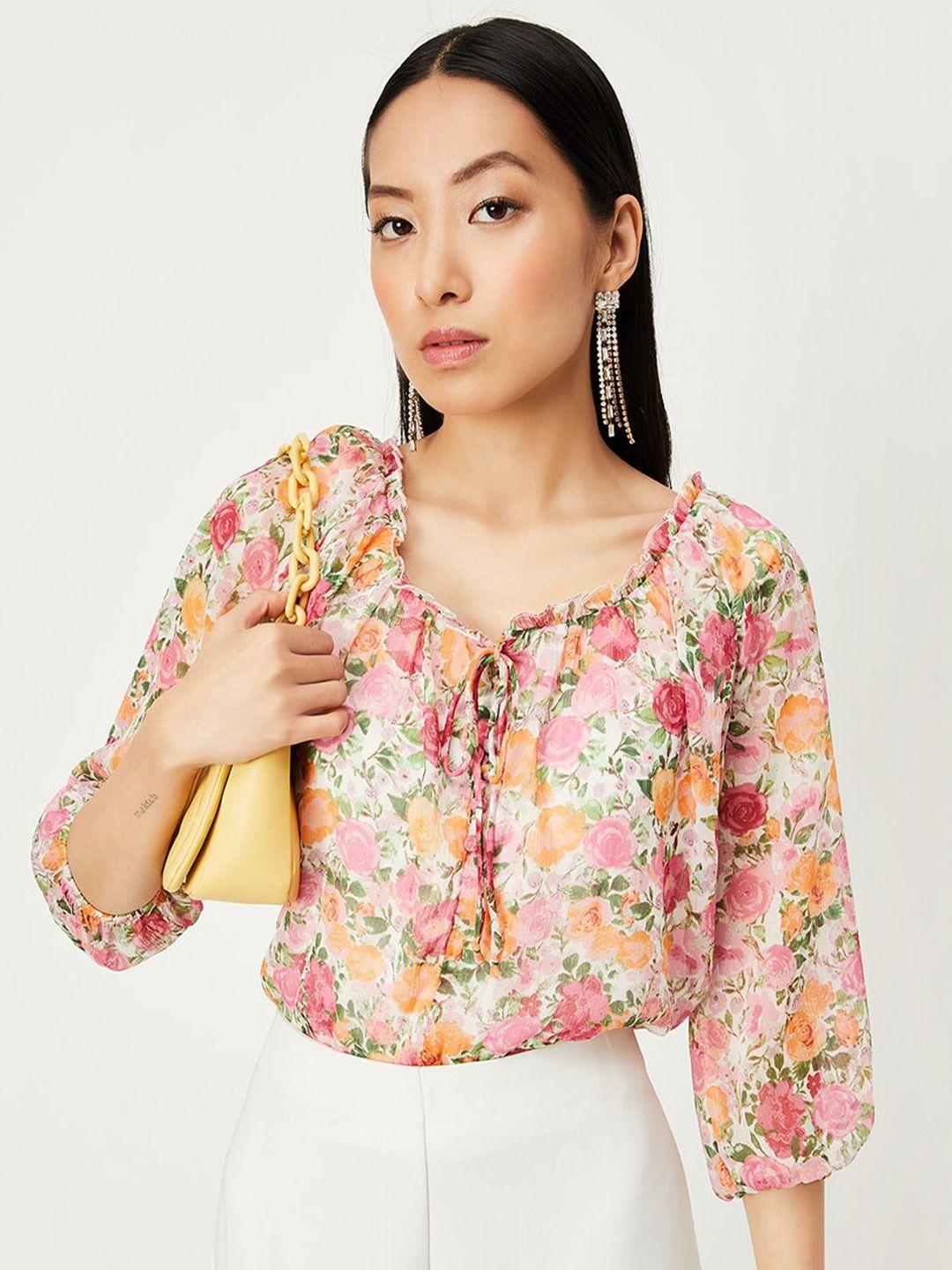 max floral printed tie-up neck puff sleeves top