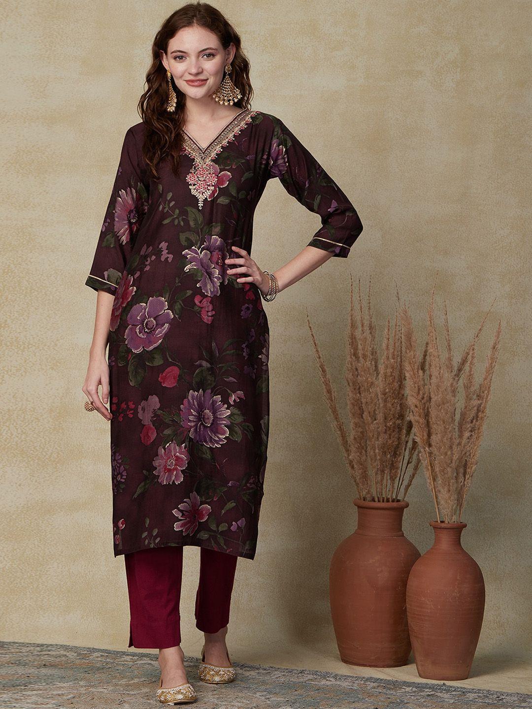 fashor floral printed zari straight kurta