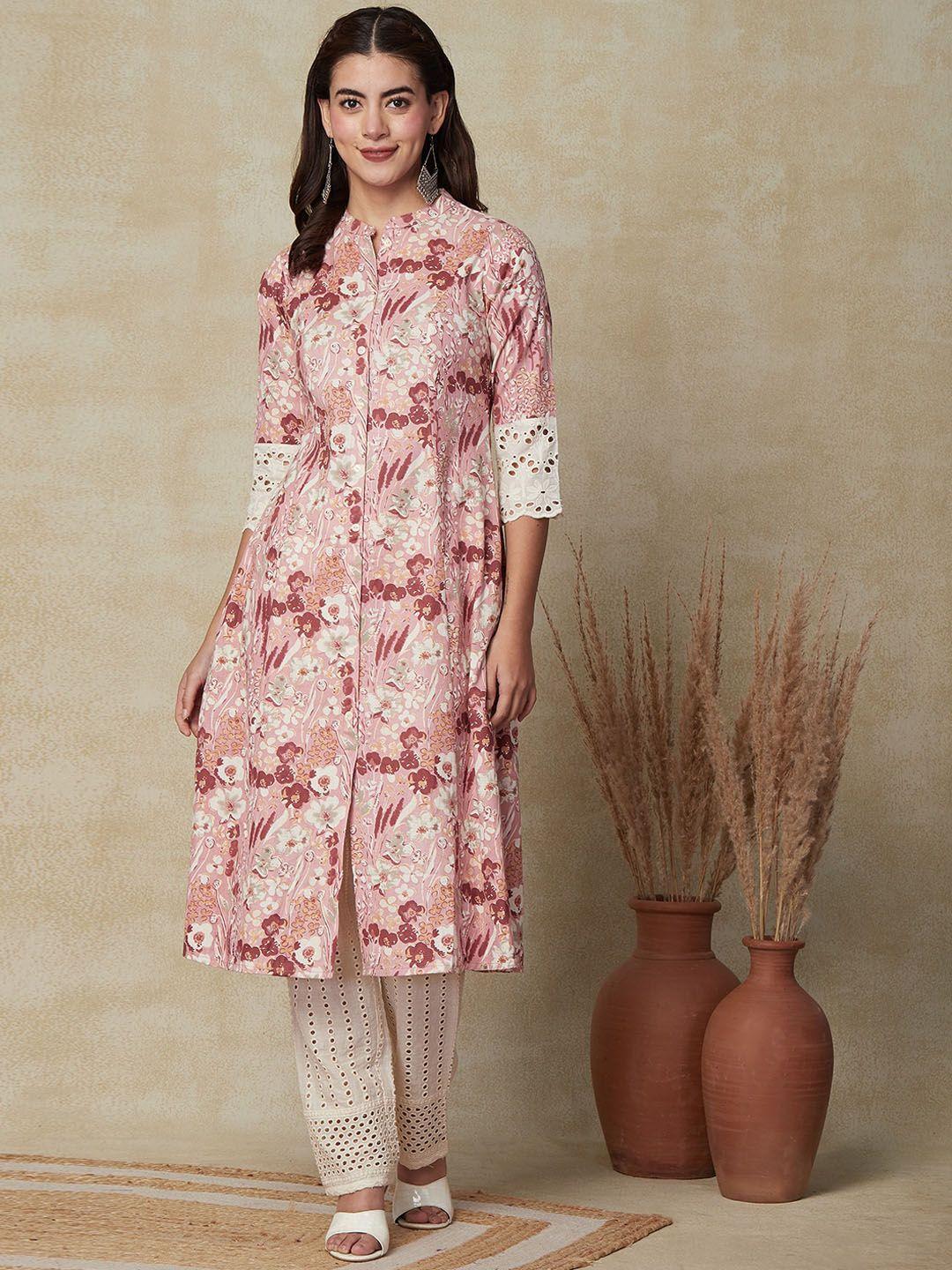 fashor floral printed mandarin collar schiffili lace embellished cotton a-line kurta