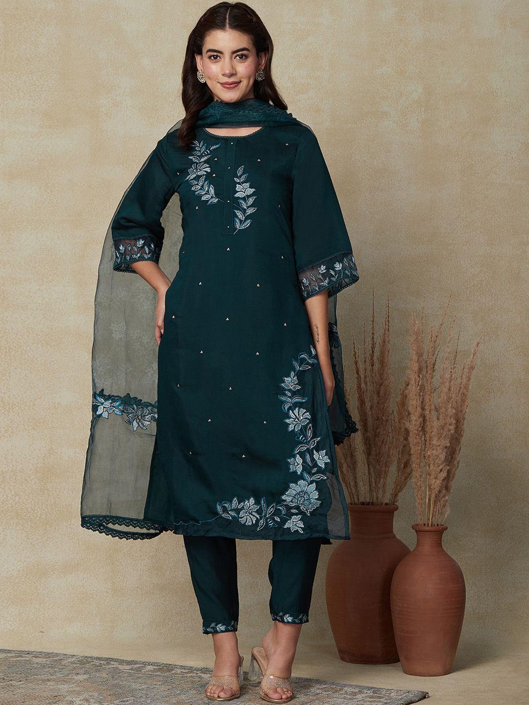 fashor teal blue floral embroidered regular straight  kurta & trousers with dupatta