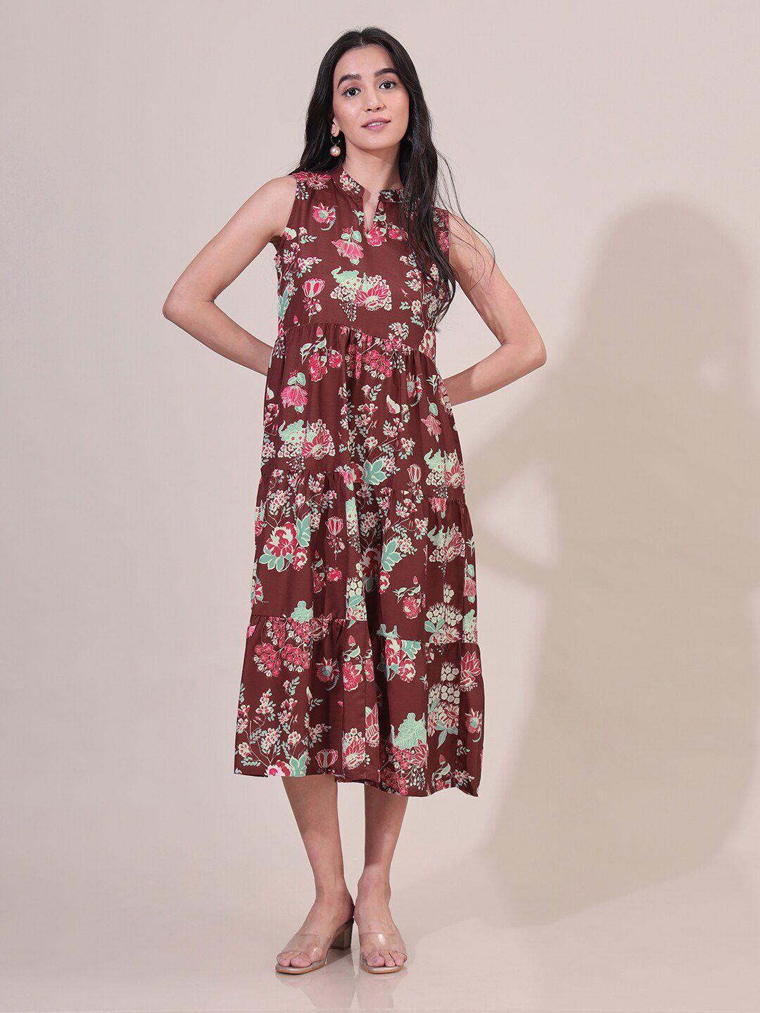 saaki floral printed mandarin collar sleeveless fit and flare dress