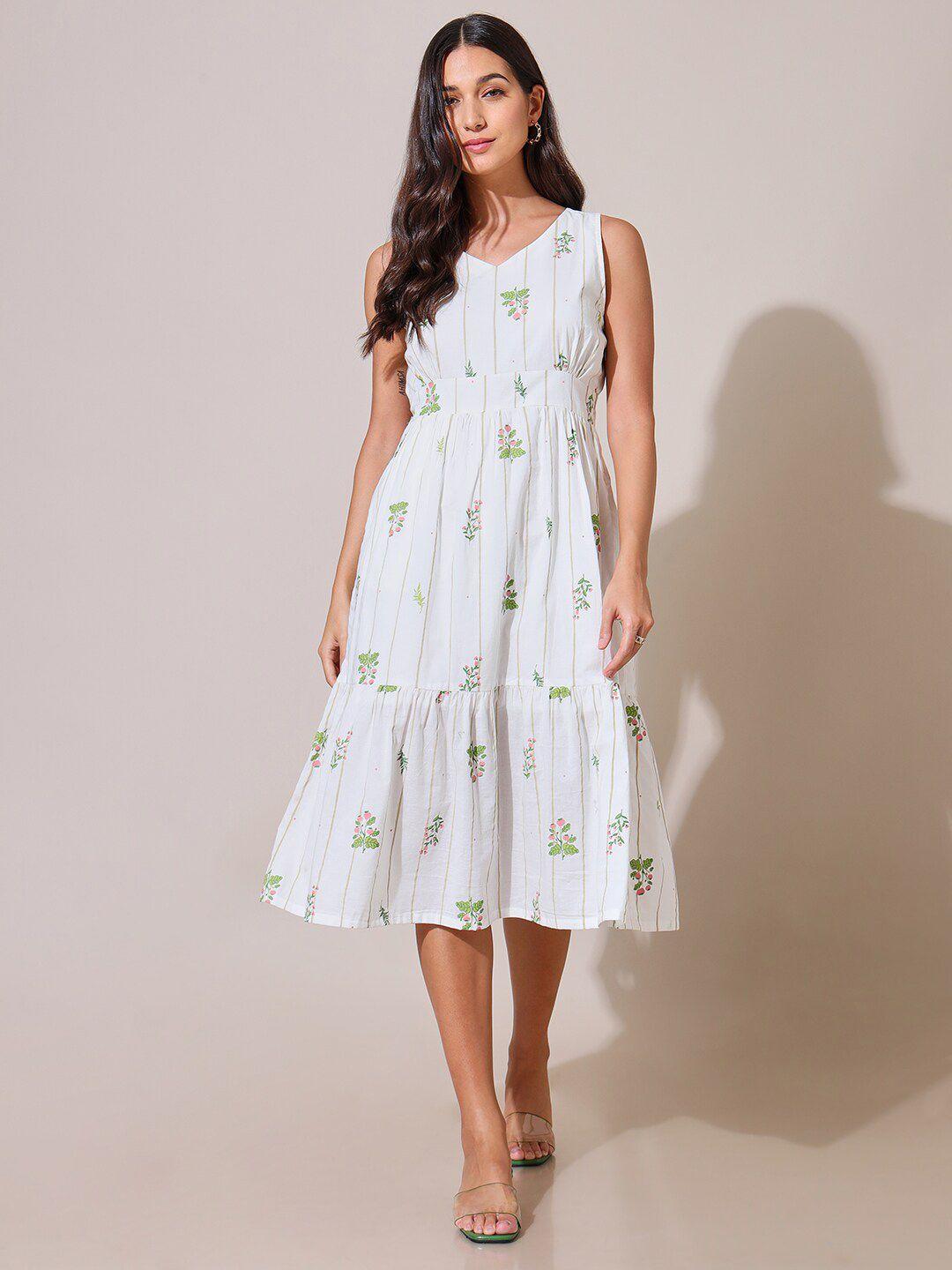 saaki floral printed sleeveless cotton tiered dress