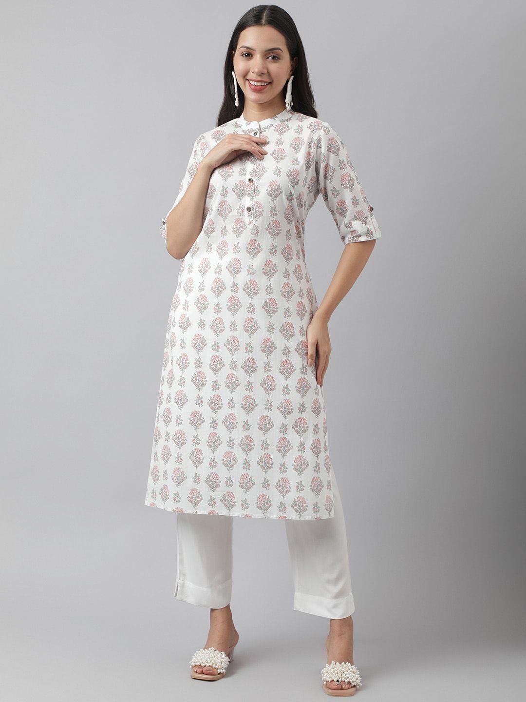 kalini floral printed mandarin collar roll-up sleeves cotton straight kurta