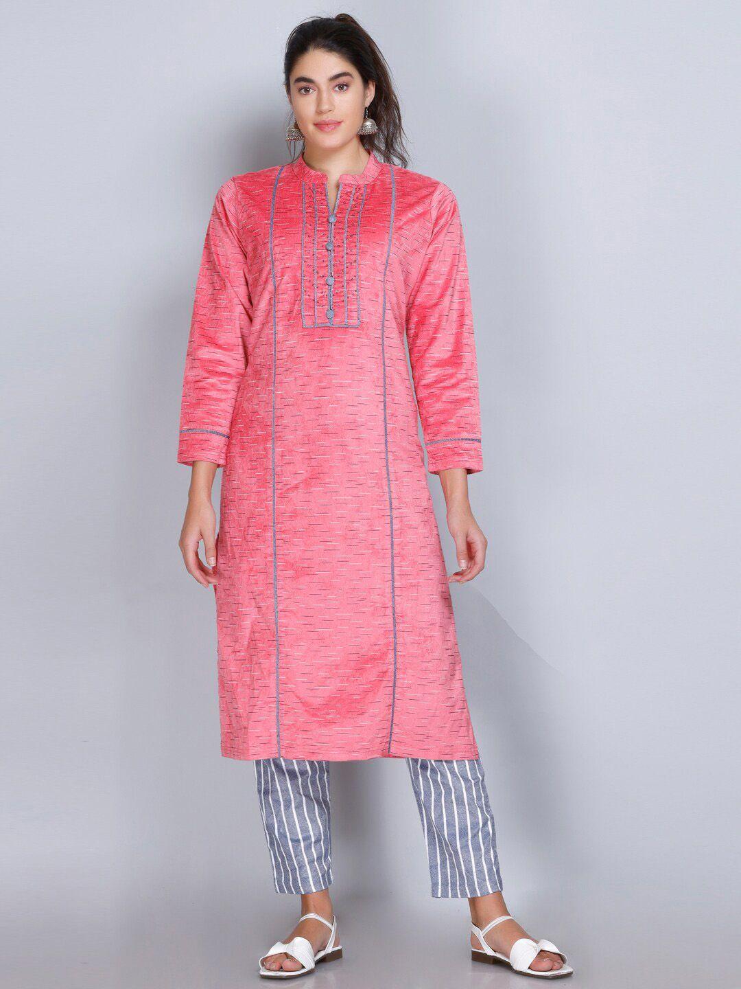 velvtine printed mandarin collar regular velvet kurta with trousers