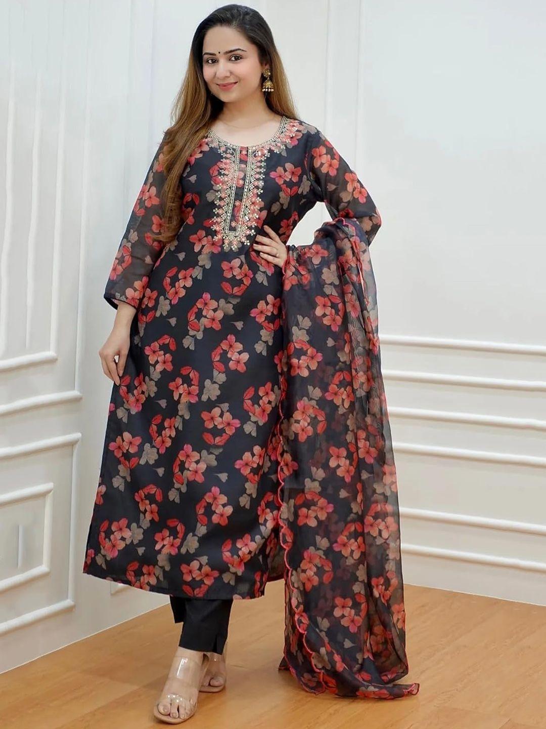 kalini floral printed a-line thread work kurta with trousers & dupatta