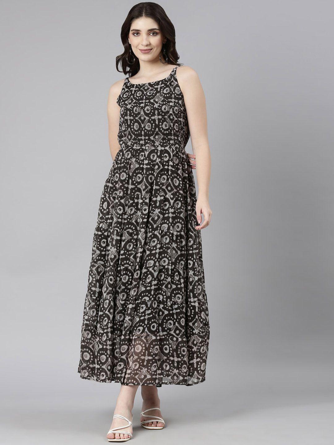 souchii geometric printed gathered detailed chiffon fit & flare midi dress