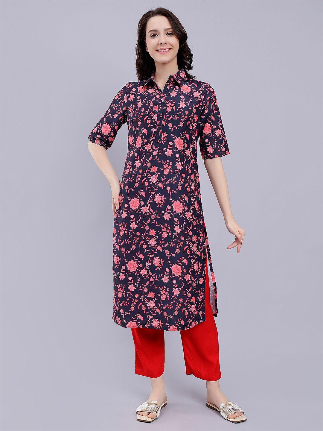 soan floral printed shirt collar a-line kurta