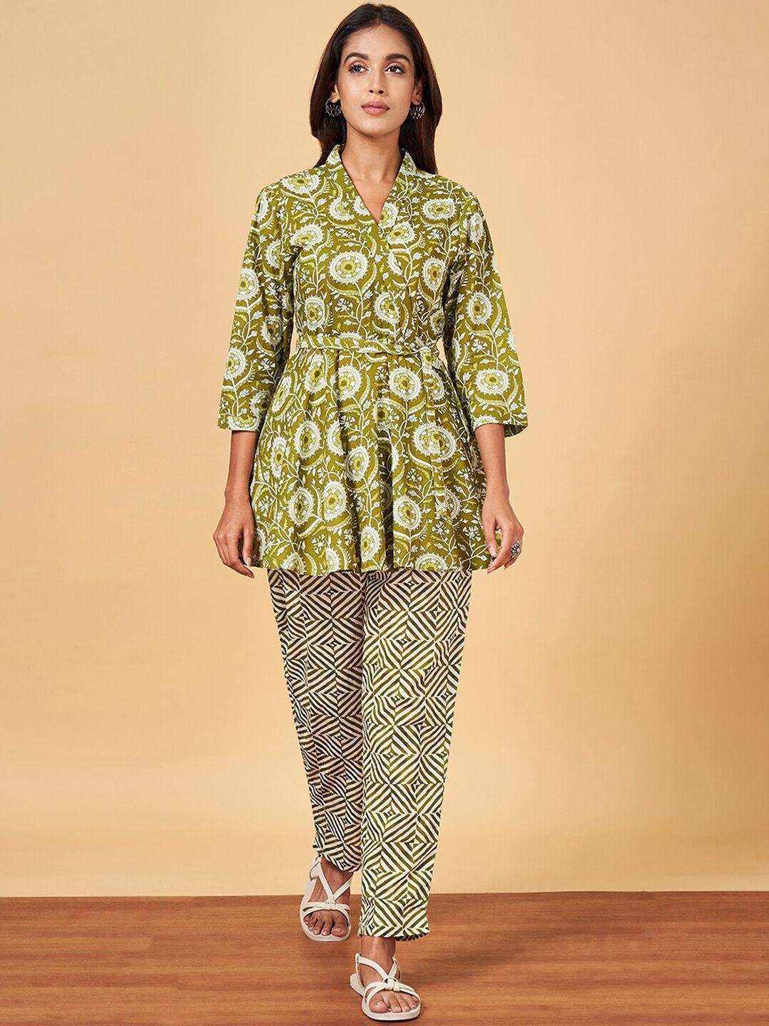 yu by pantaloons floral printed a-line pure cotton kurti with trousers