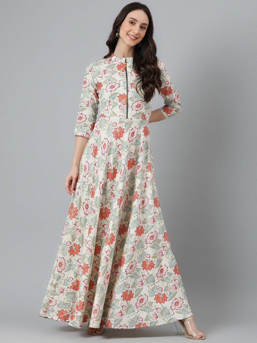 vinya floral printed mandarin collar cotton maxi dress