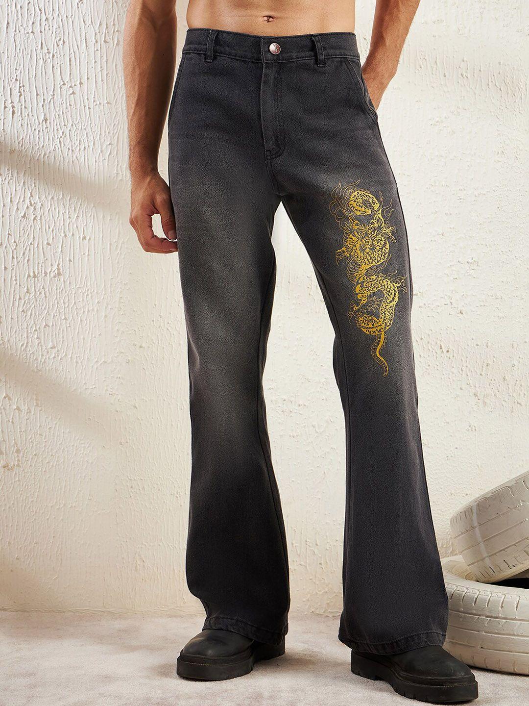 fugazee men dragon mid-rise flared embroidered jeans