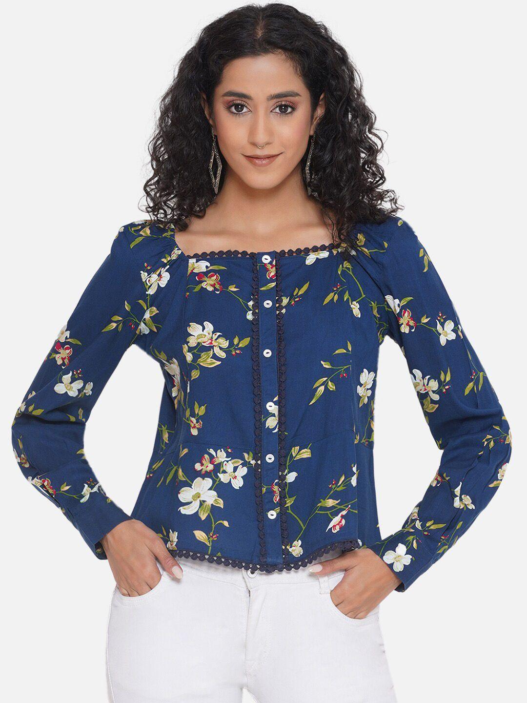 bellamia floral printed square neck puff sleeves liva pom pom regular top