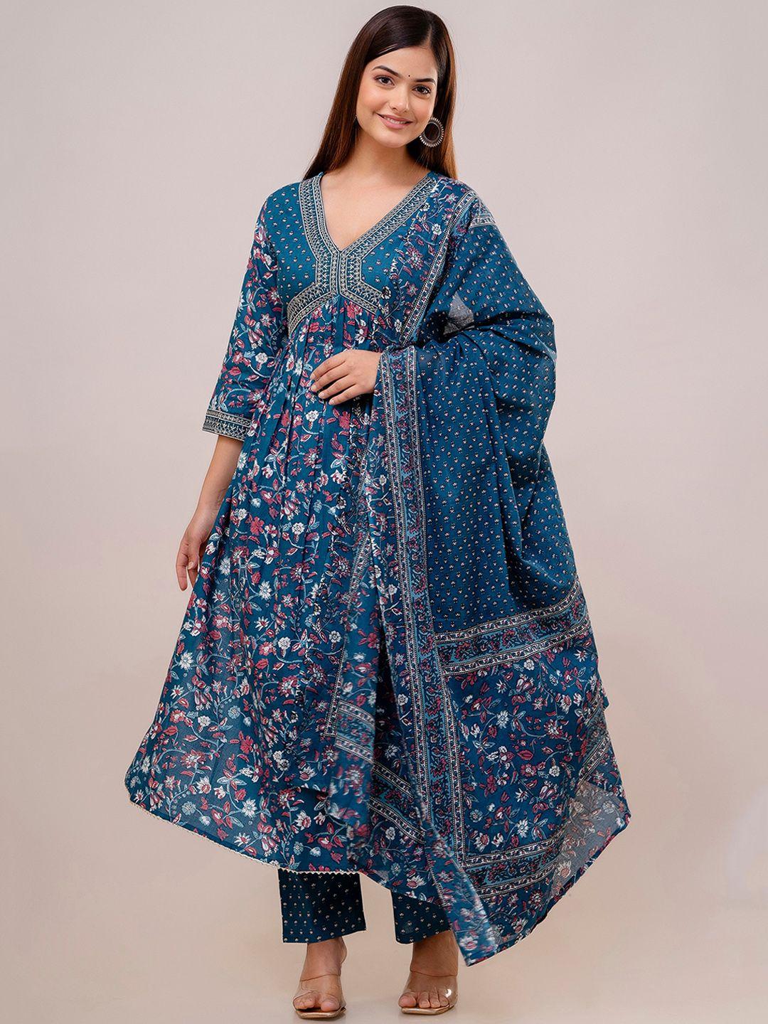 anouk navy blue floral printed sequinned pure cotton a-line kurta & trouser with dupatta