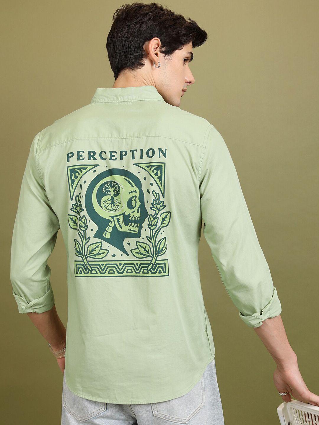 highlander green slim fit graphic printed spread collar cotton casual shirt