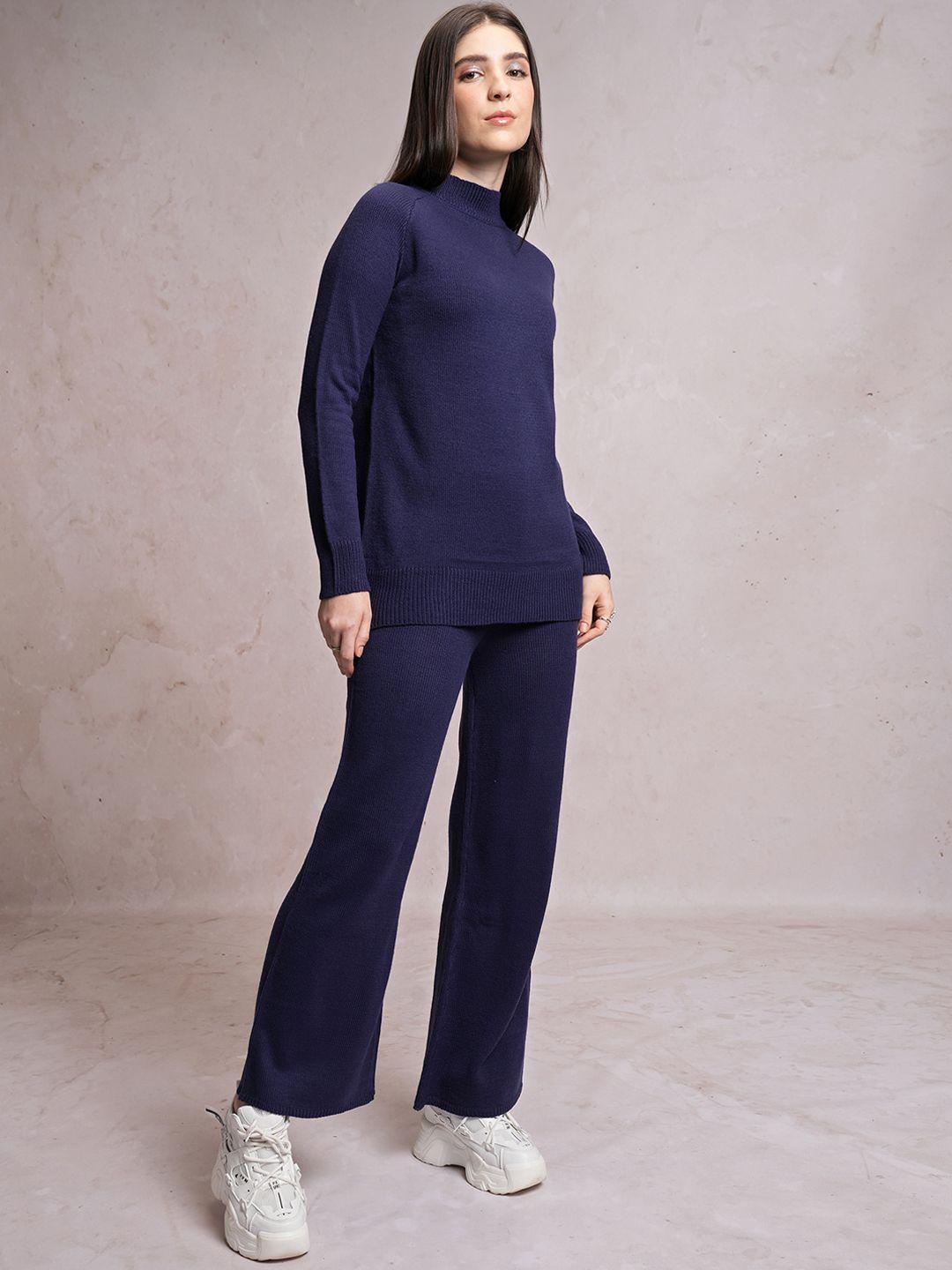 tokyo talkies navy blue high neck sweater with flared trouser co-ords