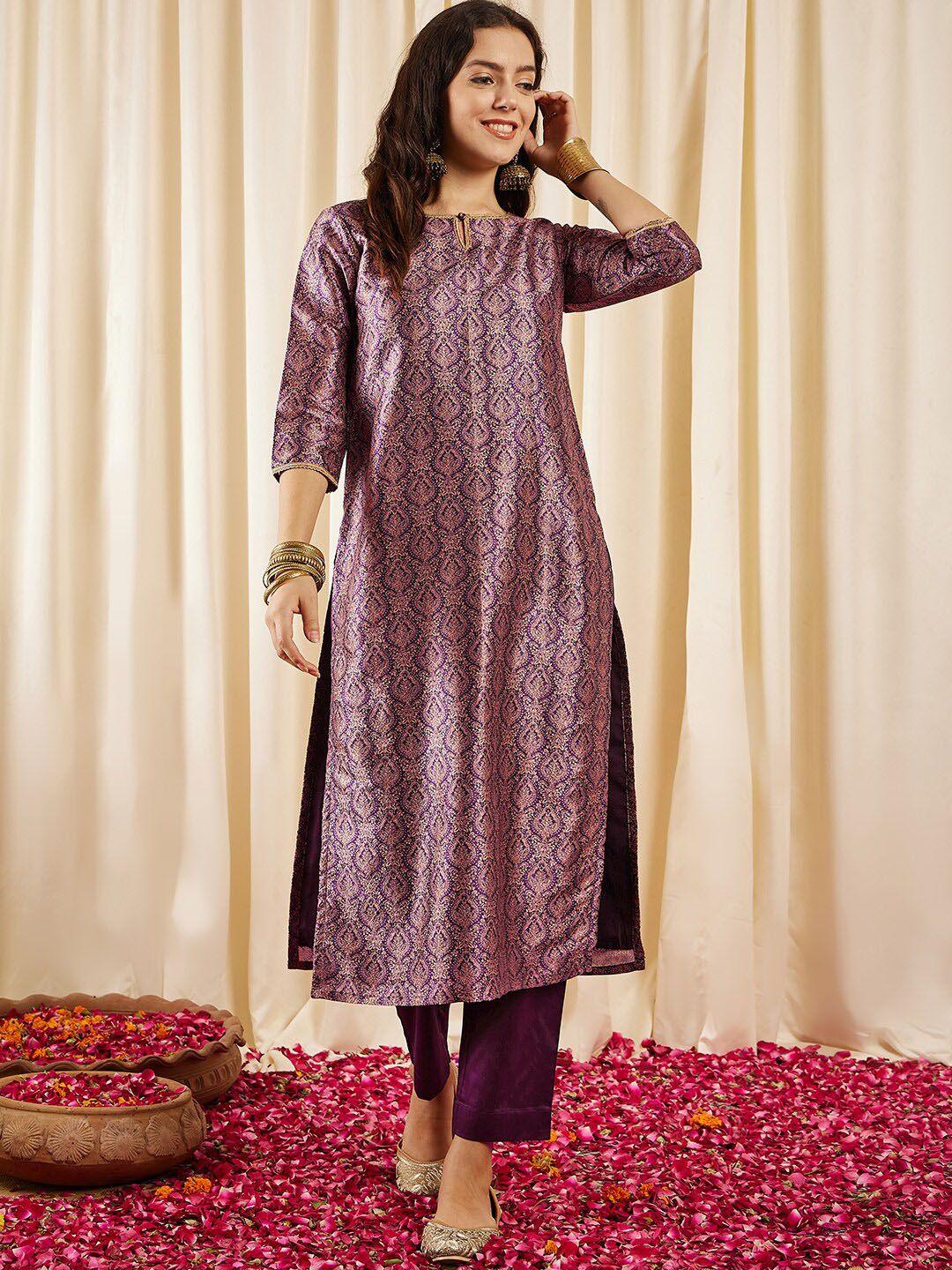 inddus ethnic motifs printed regular brocade kurta with trousers