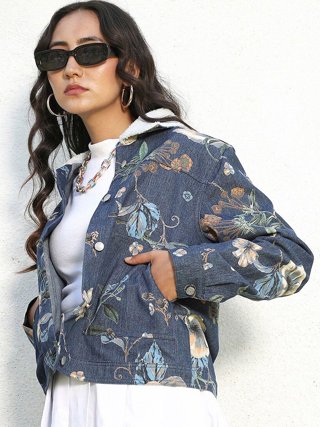 campus sutra windcheater floral printed cotton crop denim jacket