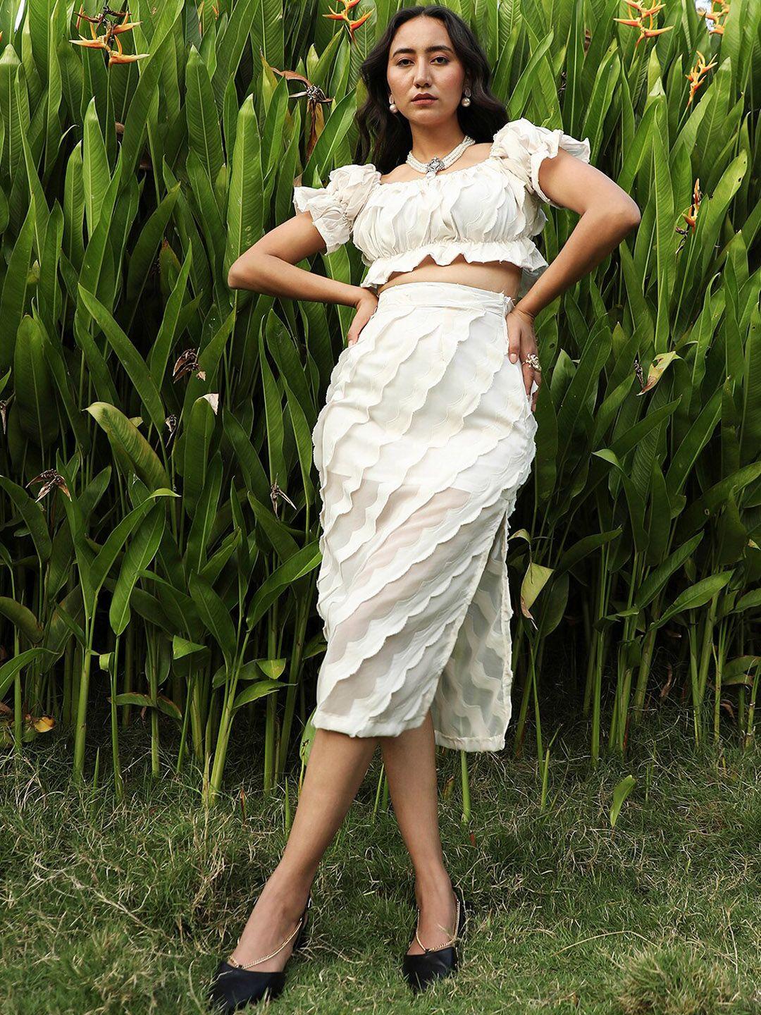 campus sutra white self design square neck crop top with skirt