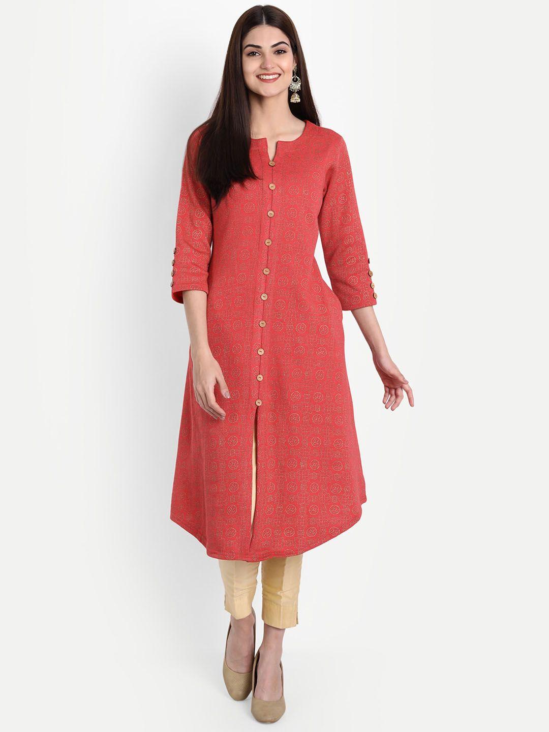 suti ethnic motifs printed notched neck a-line woollen kurta