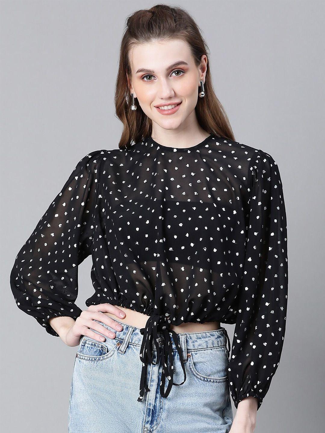 oxolloxo polka dots printed tie-up georgette crop top