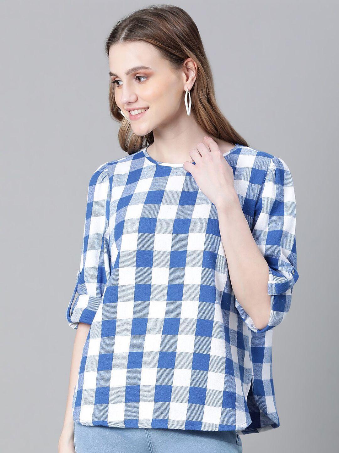 oxolloxo checked roll-up sleeves pleated organic cotton top