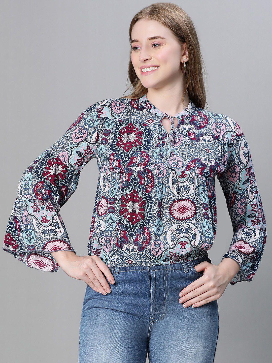 oxolloxo ethnic motifs printed tie-up neck bell sleeves blouson top