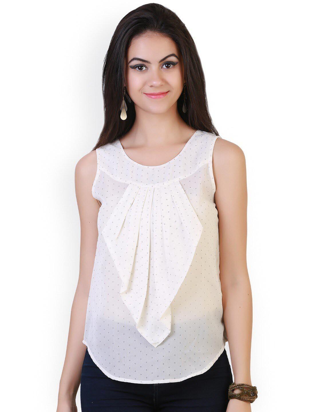 baesd polka dot printed pleated sleeveless georgette regular top