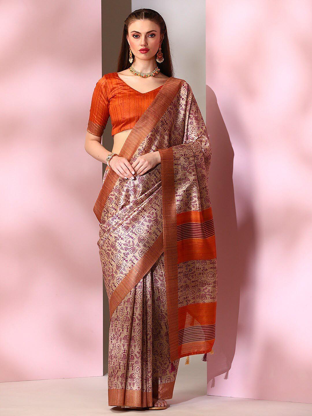 mitera beige & purple warli printed bagru saree