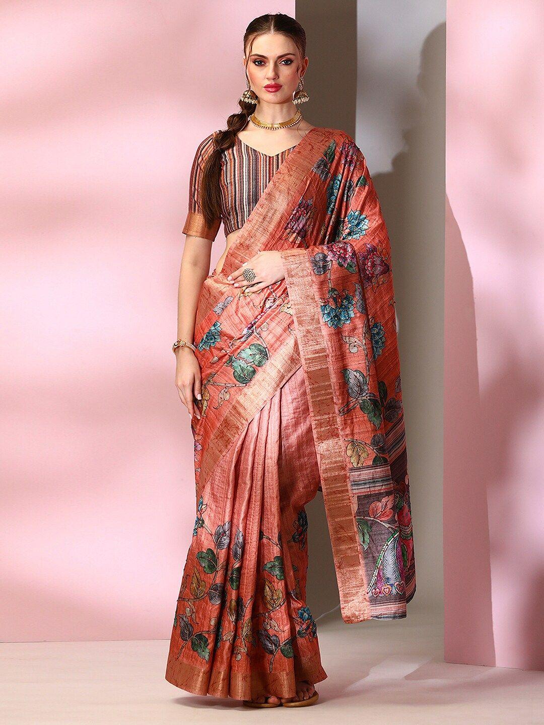 mitera brown floral printed saree