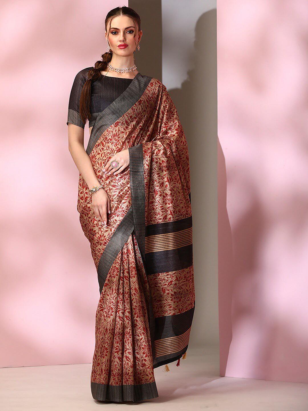 mitera beige & red floral printed bagru saree