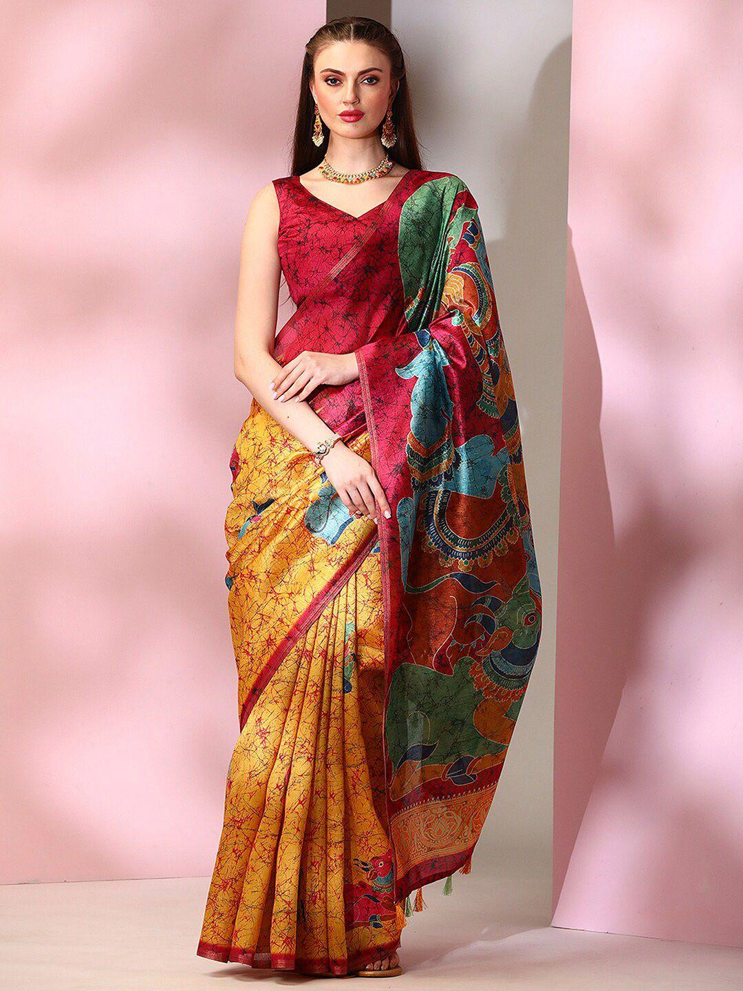 mitera yellow & pink kalamkari printed bagru saree