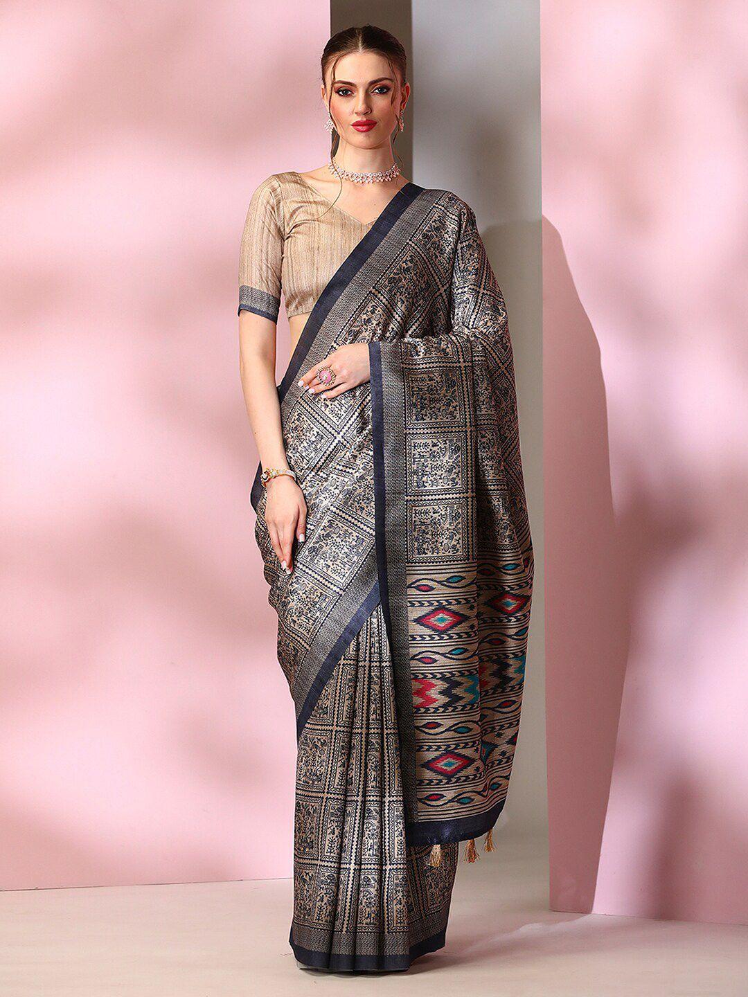 mitera beige & navy blue warli printed bagru saree