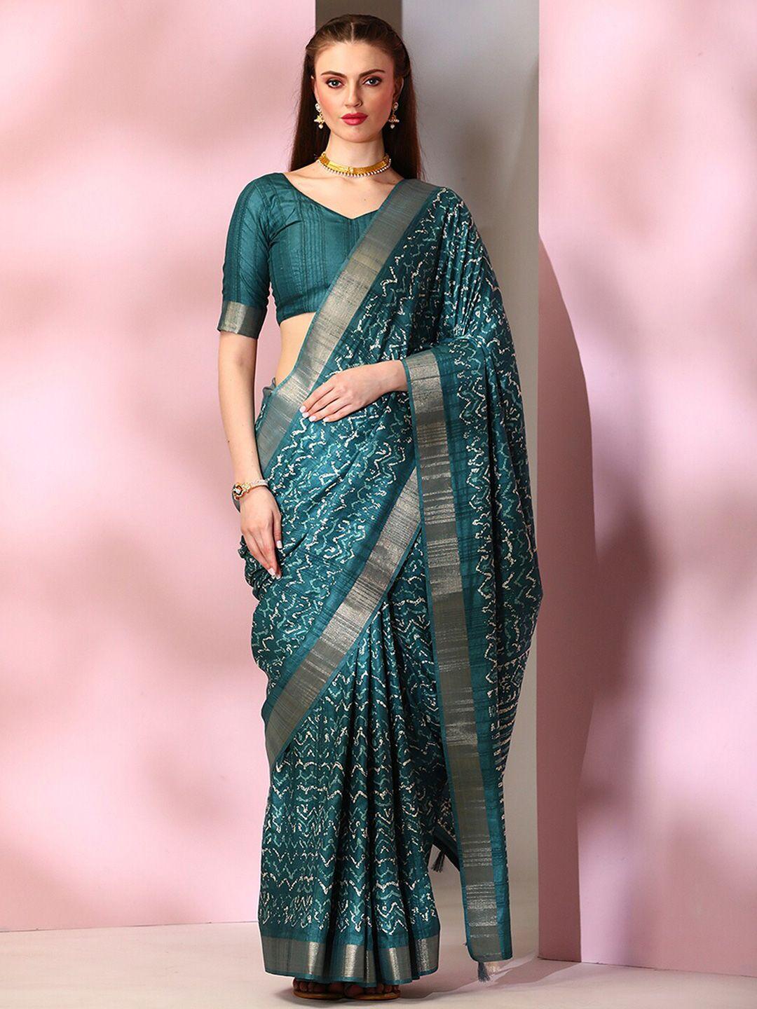 mitera teal blue abstract printed dabu saree