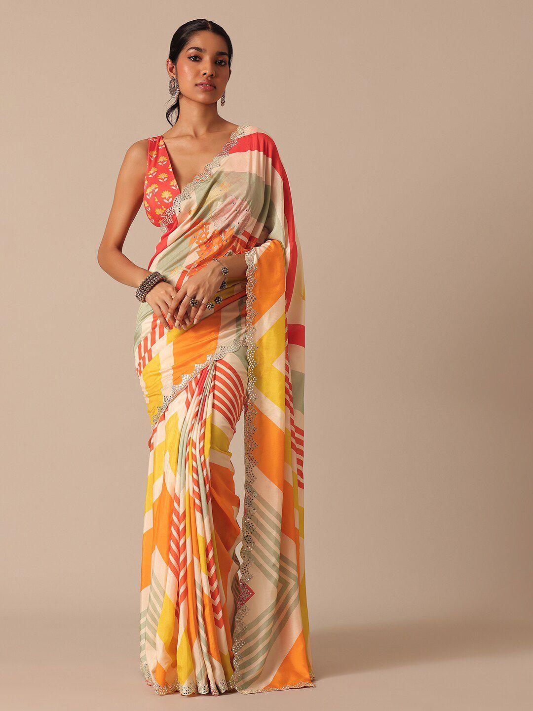 kalki fashion striped satin mirror work saree