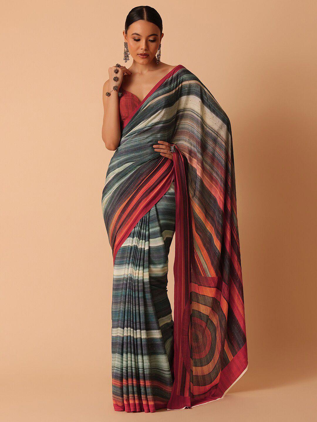 kalki fashion striped beads and stones satin saree