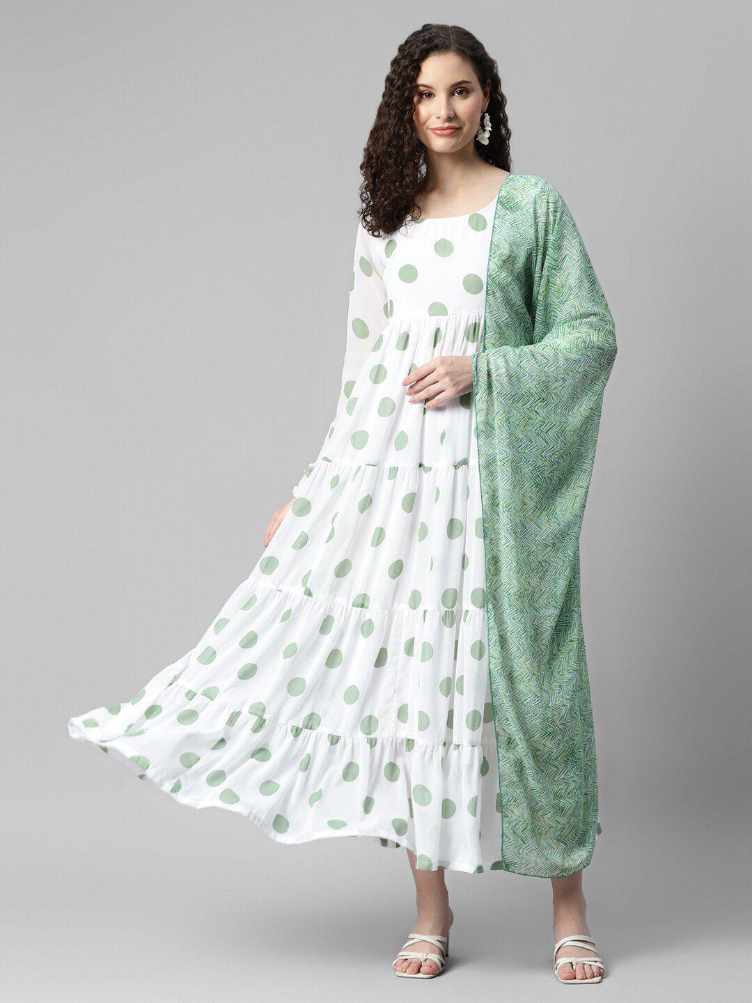 deebaco polka dot printed long sleeves georgette tiered maxi dress with dupatta