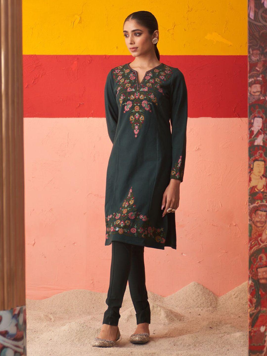 lakshita floral embroidered sequins woollen straight kurta