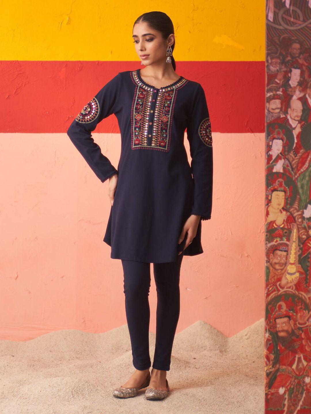 lakshita ethnic motifs embroidered mirror work woollen a-line kurta