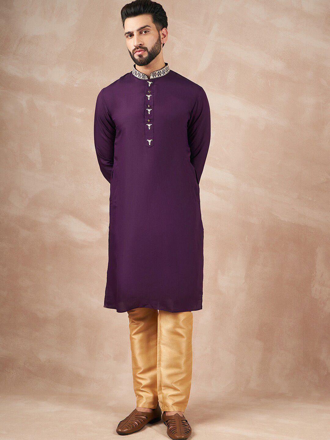 house of pataudi mandarin collar long sleeves straight kurta