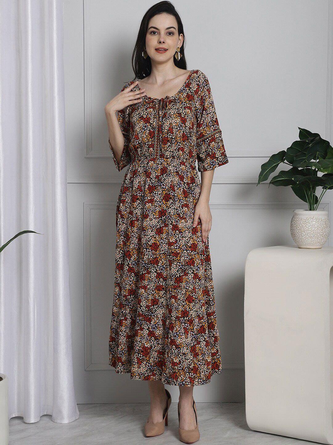 nobarr floral printed tie-up neck smocked cotton a-line midi dress