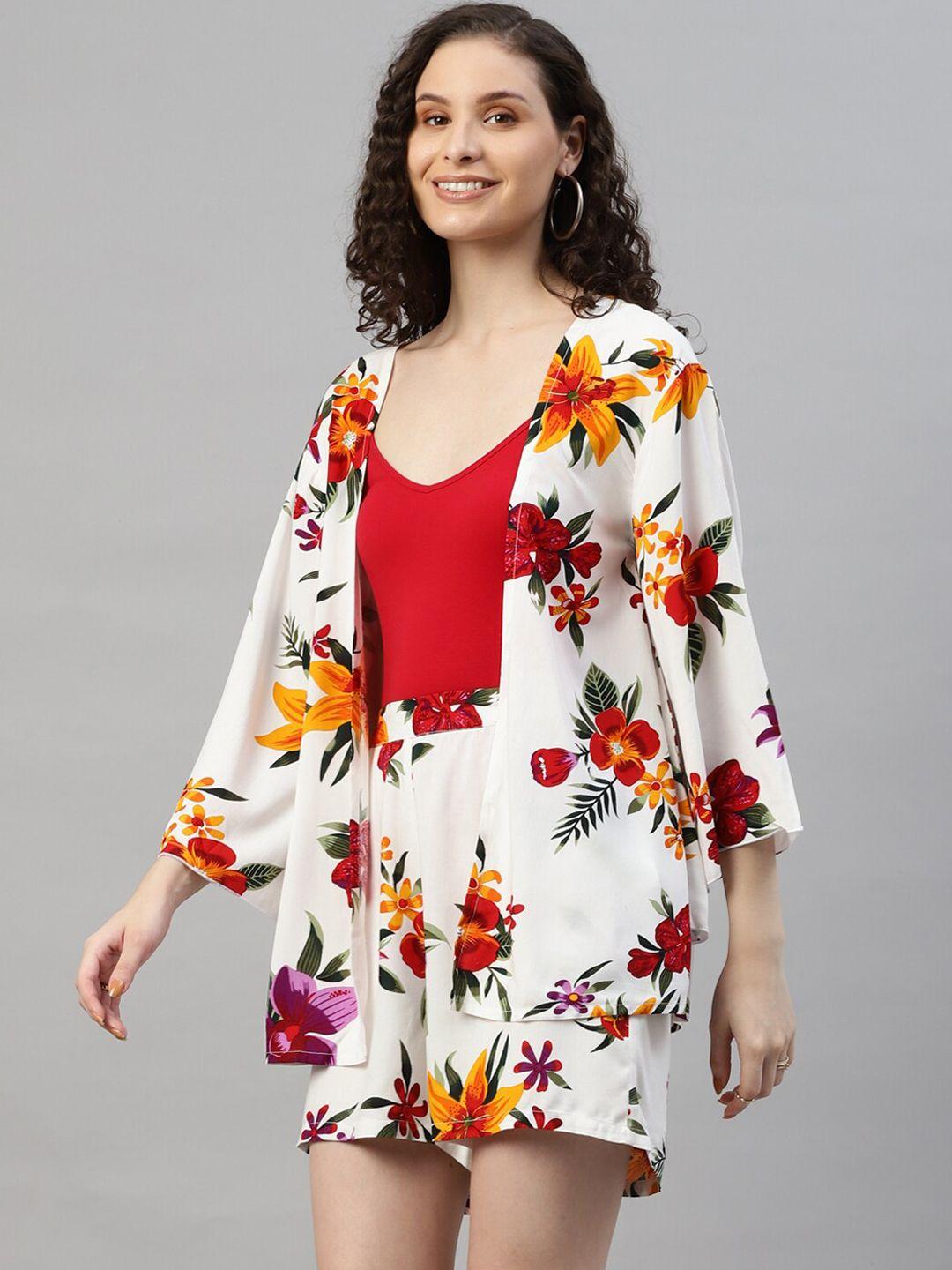 deebaco floral printed shrug with shorts co-ords