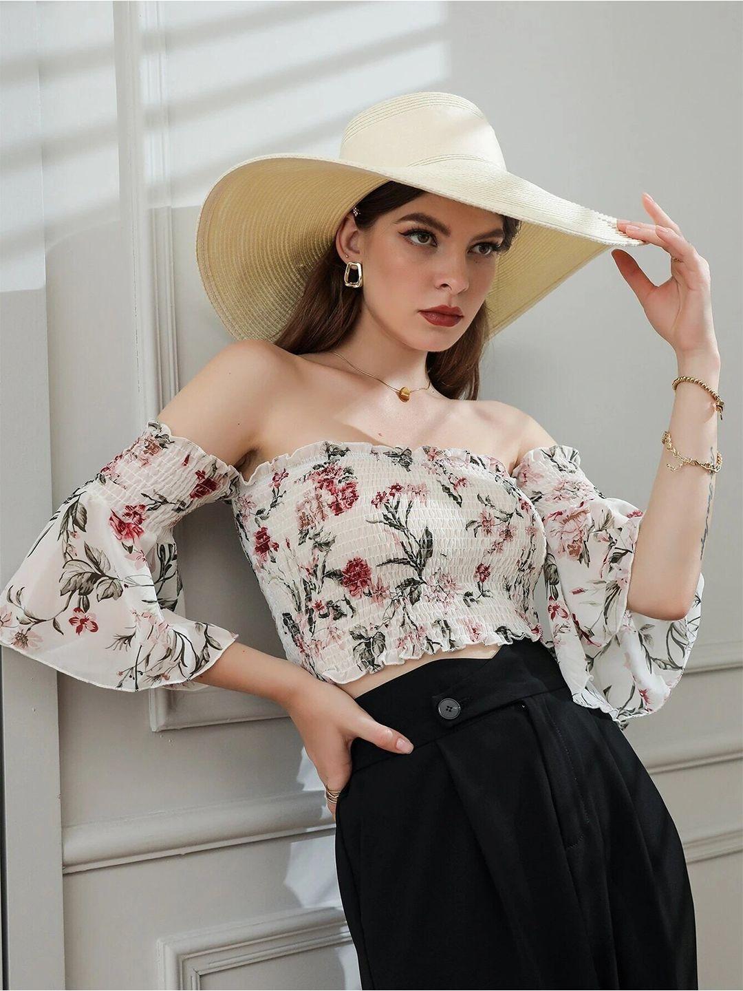 slyck white floral print off-shoulder top