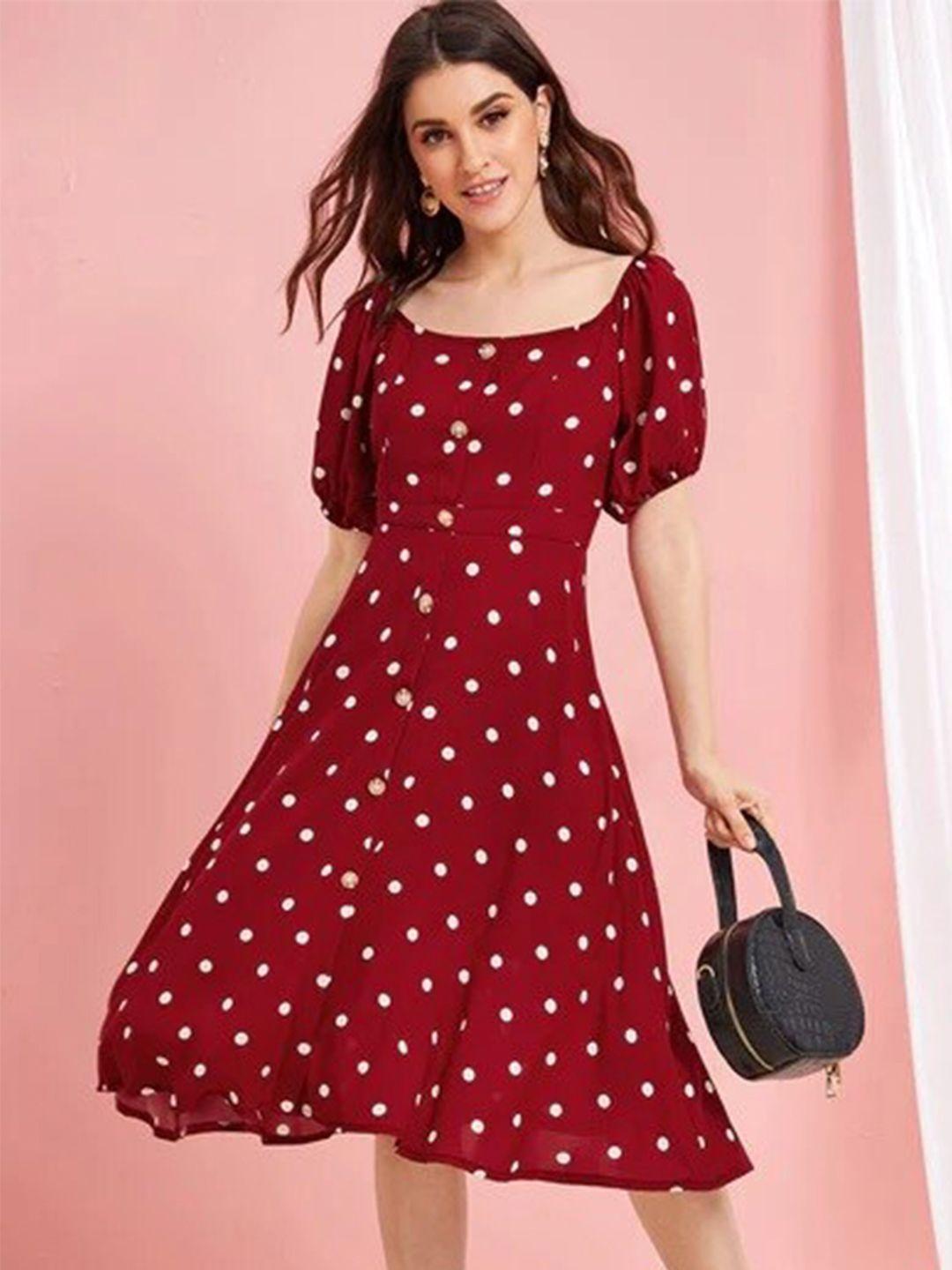 slyck polka dots printed puffed sleeves fit & flare midi dress