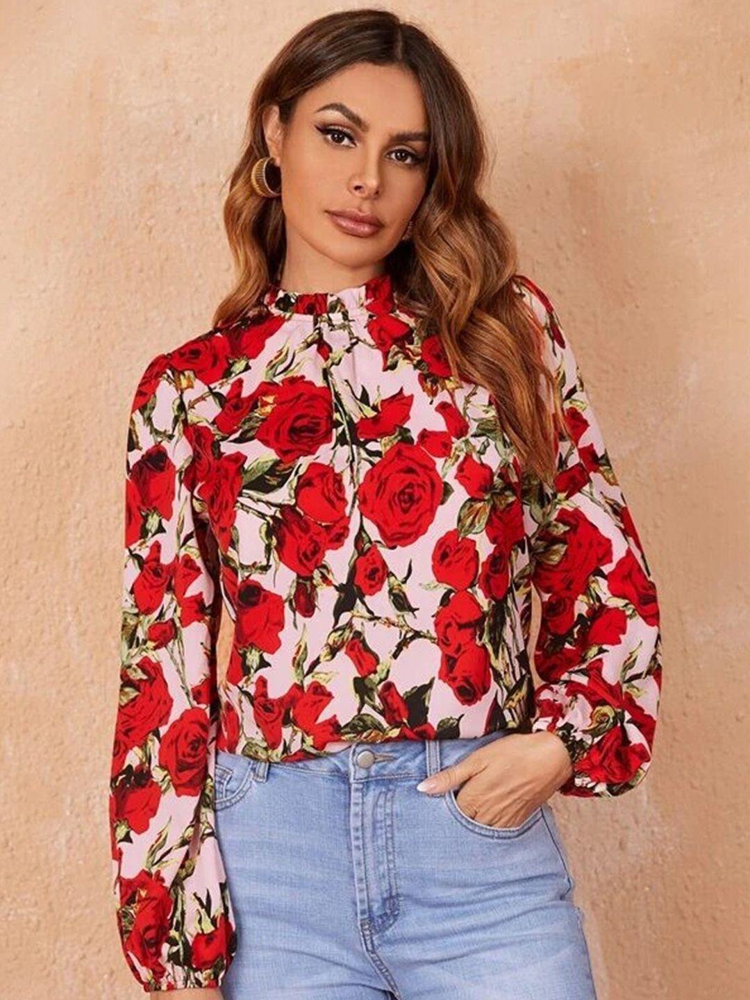 slyck floral printed high neck puff sleeves top